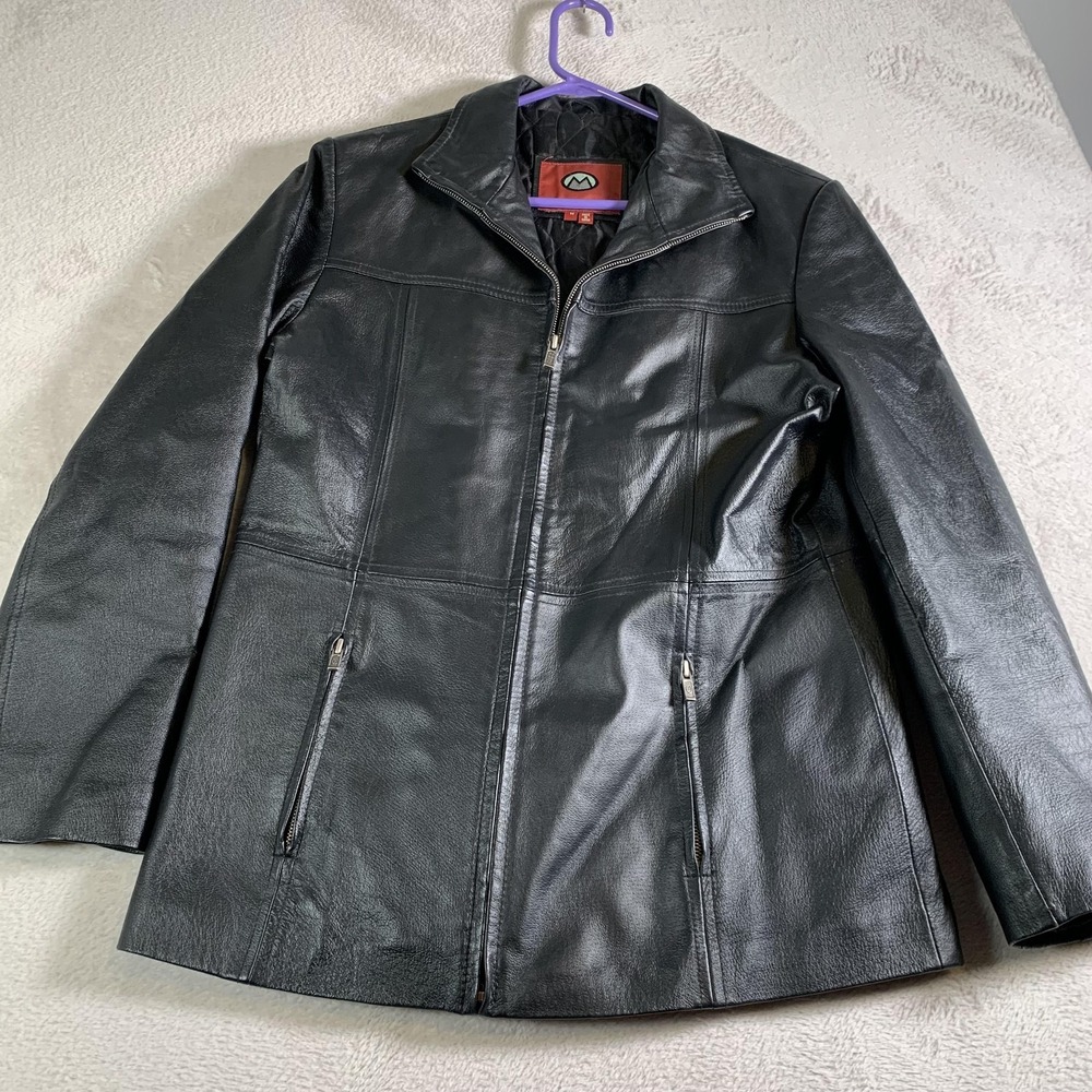 Marc Mattis‎ Jacket Womens Size Medium Black Leather Zip Front Quilted Lined